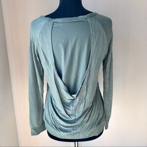 BALANCE YOGA Top Drape Back Sheer Sage Green Long Sleeve Shirt Stretch